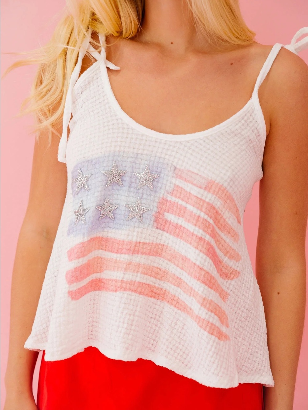 Judith March White Waffle Tie-Strap Tank with Red & Blue Flag Print